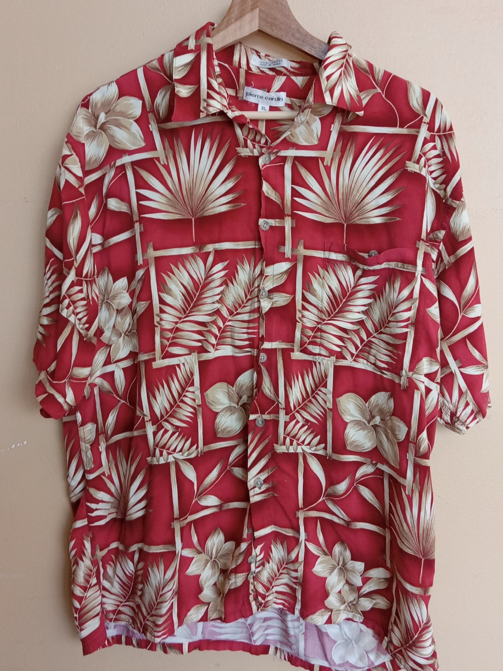 Pierre Cardin Red and Cream Hawaiian Button-Down Shirt